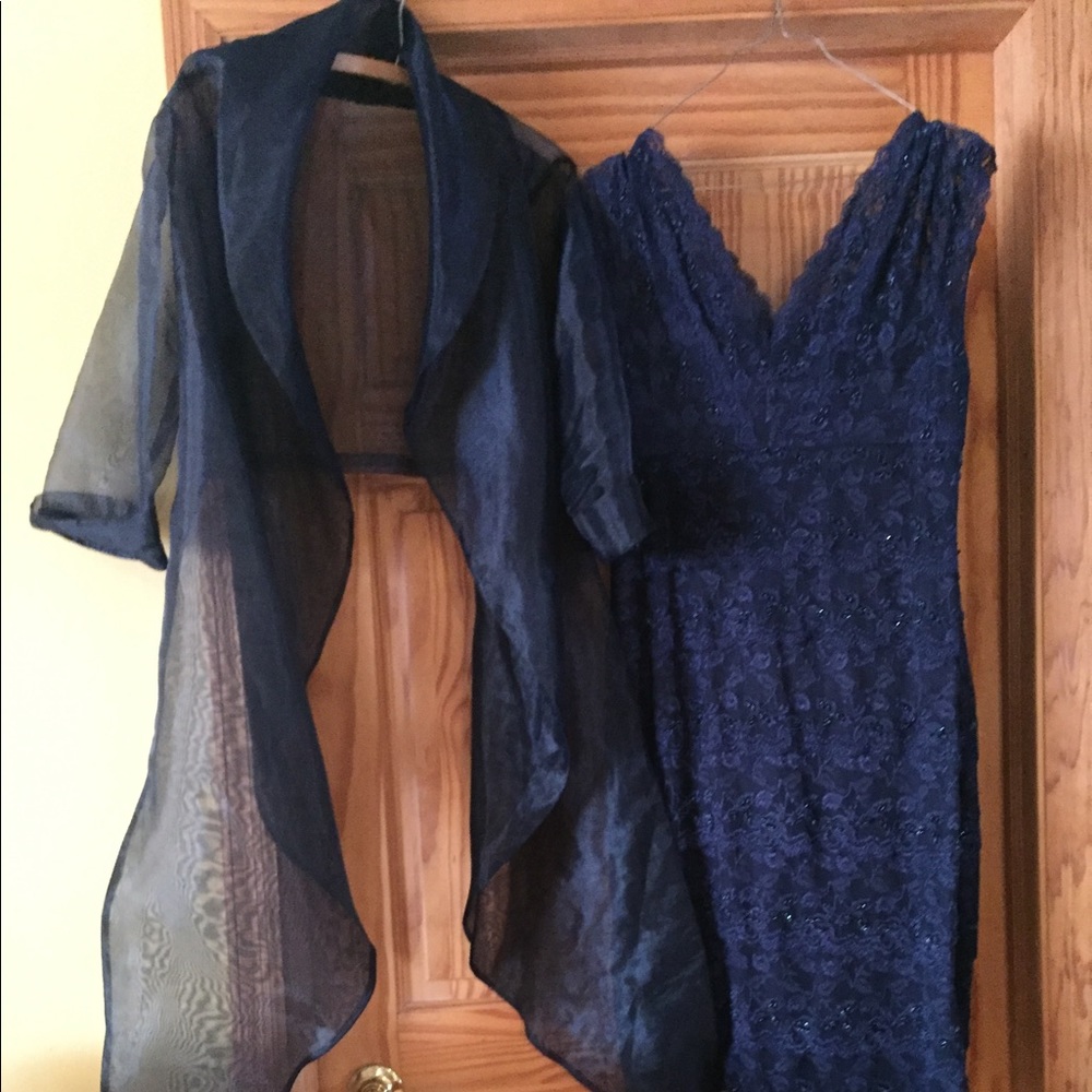 Navy cocktail/wedding dress short stretchy w shrug